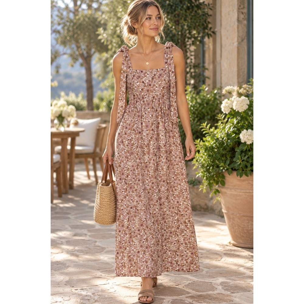 House of Harlow Brown Floral Linen Blend Tiered Maxi Dress Brown Cream Size M